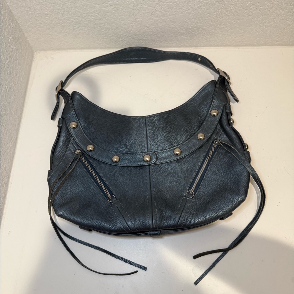 Botkier TRIGGER Mermaid Blue Moto Leather Hobo Shoulder Bag Studded Fringe - Picture 4 of 15